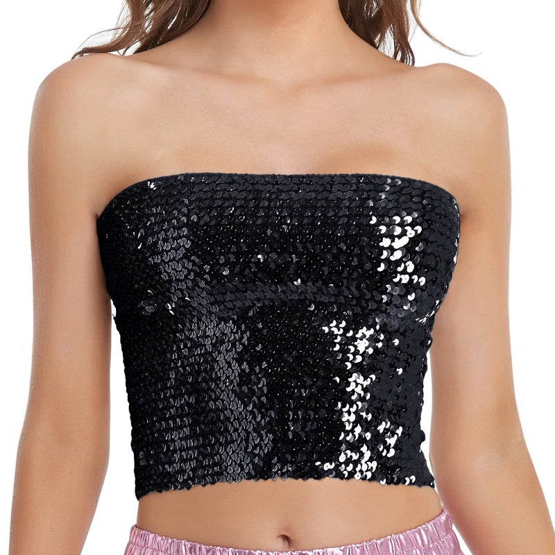 Fenyong Womens Sparkly Sequin Mermaid Crop Tops, Strapless Metallic Tube Tops for Party Clubwear(Black) - Image 1